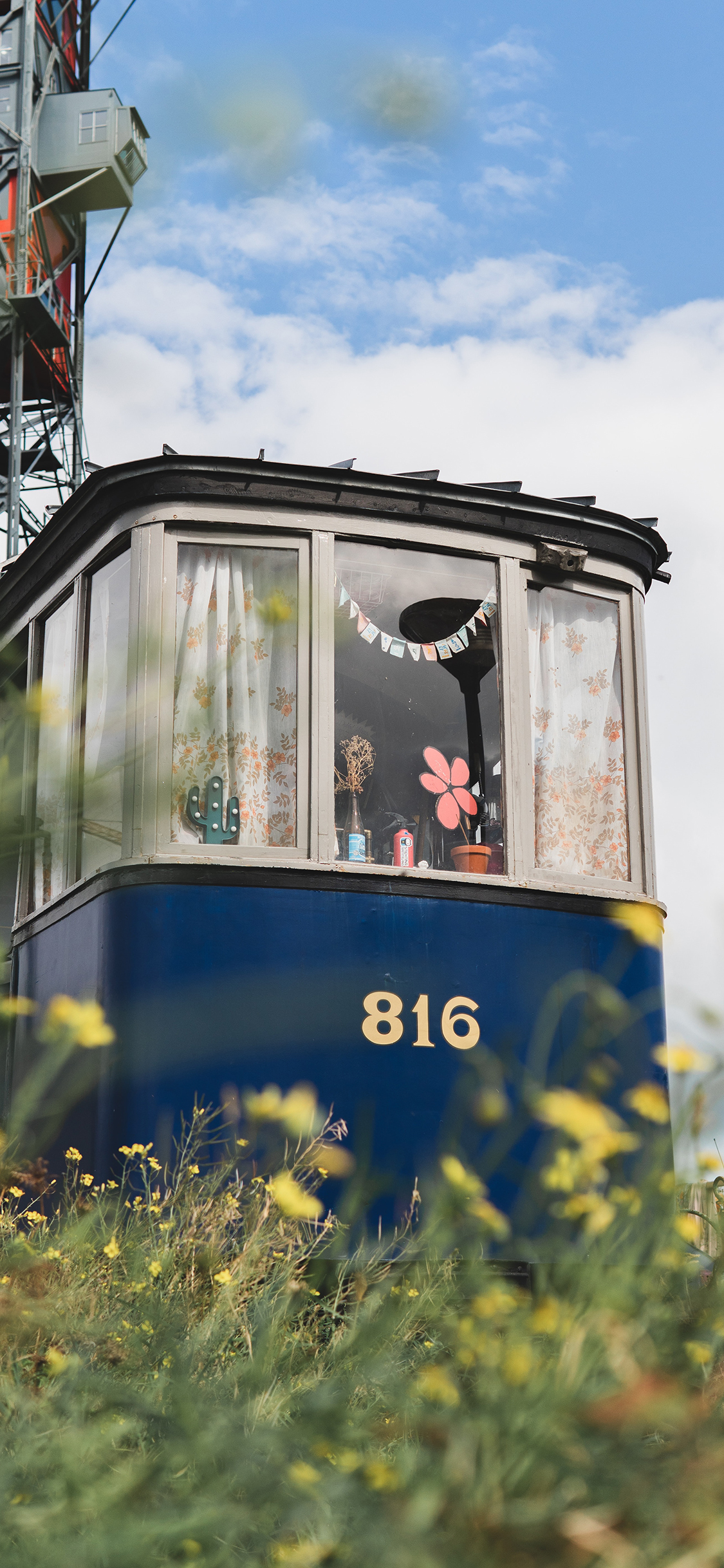 [2436×1125]蓝天白云 废弃列车 鲜花 风景 苹果手机壁纸图片