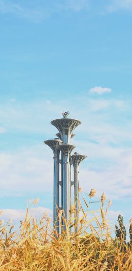 [2436x1125]蓝天白云 建筑 背景 奥森公园 奥运五环 苹果手机壁纸图片