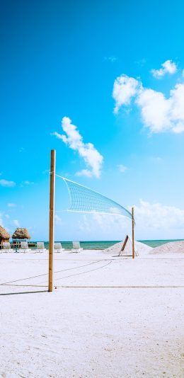 [2436x1125]蓝天白云 沙滩 排球网 休闲 苹果手机壁纸图片
