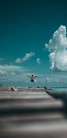 [2436x1125]蓝天白云 男孩 跳水 背影 苹果手机壁纸图片