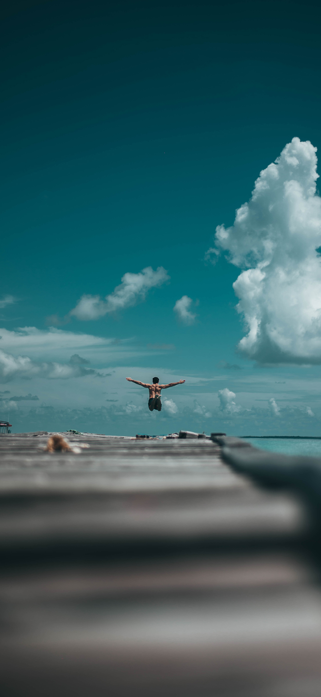 [2436×1125]蓝天白云 男孩 跳水 背影 苹果手机壁纸图片