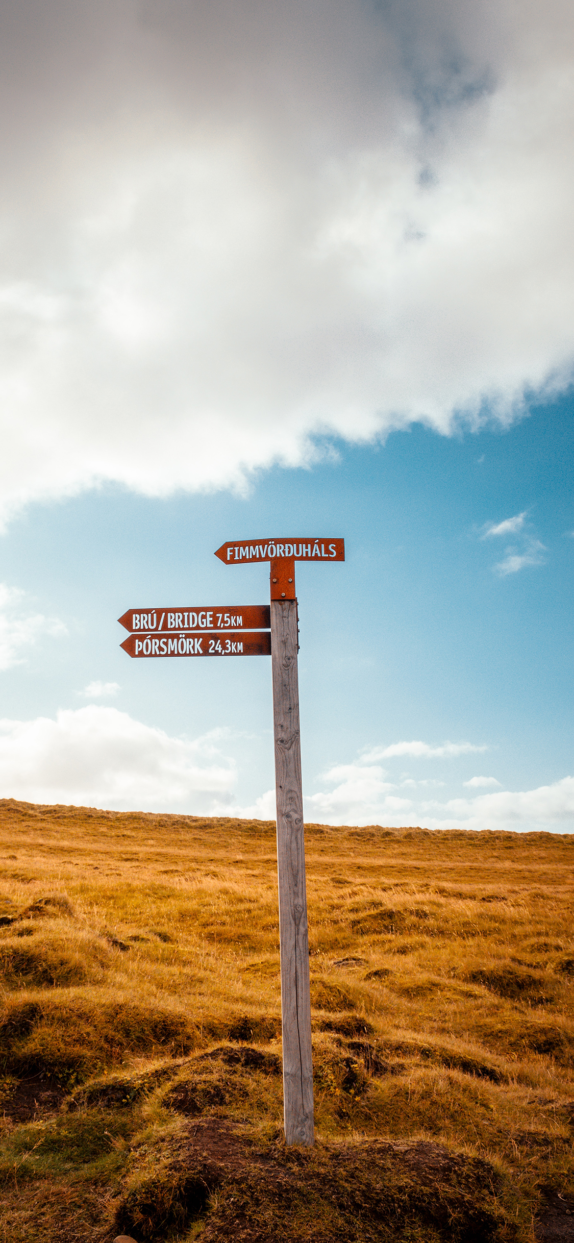 [2436×1125]蓝天白云 草坪 木桩 路牌 苹果手机壁纸图片