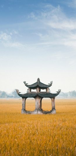 [2436x1125]蓝天白云 郊外 建筑 亭子 苹果手机壁纸图片