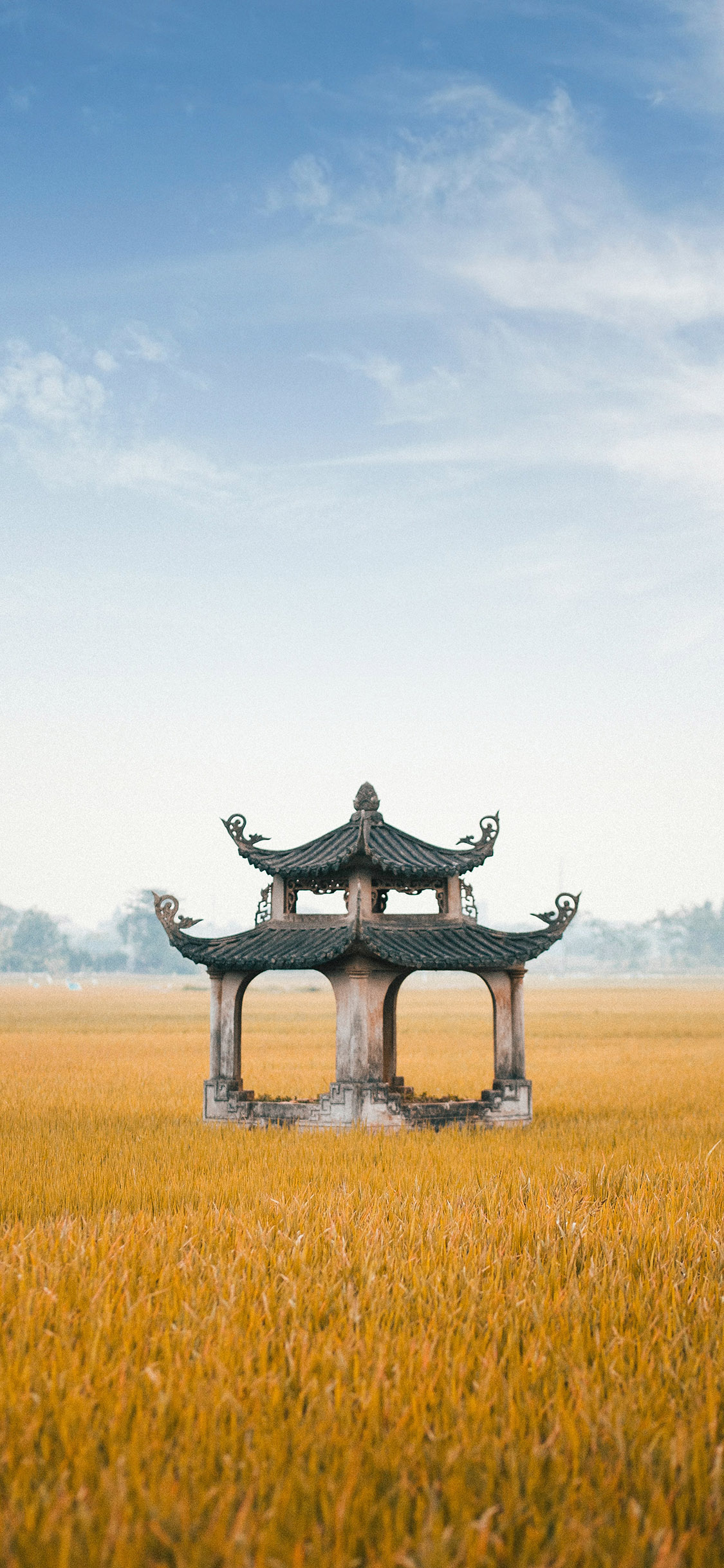 [2436×1125]蓝天白云 郊外 建筑 亭子 苹果手机壁纸图片