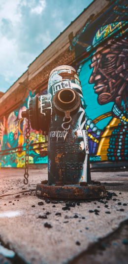 [2436x1125]街景 消防栓 涂鸦 色彩 街头艺术 苹果手机壁纸图片