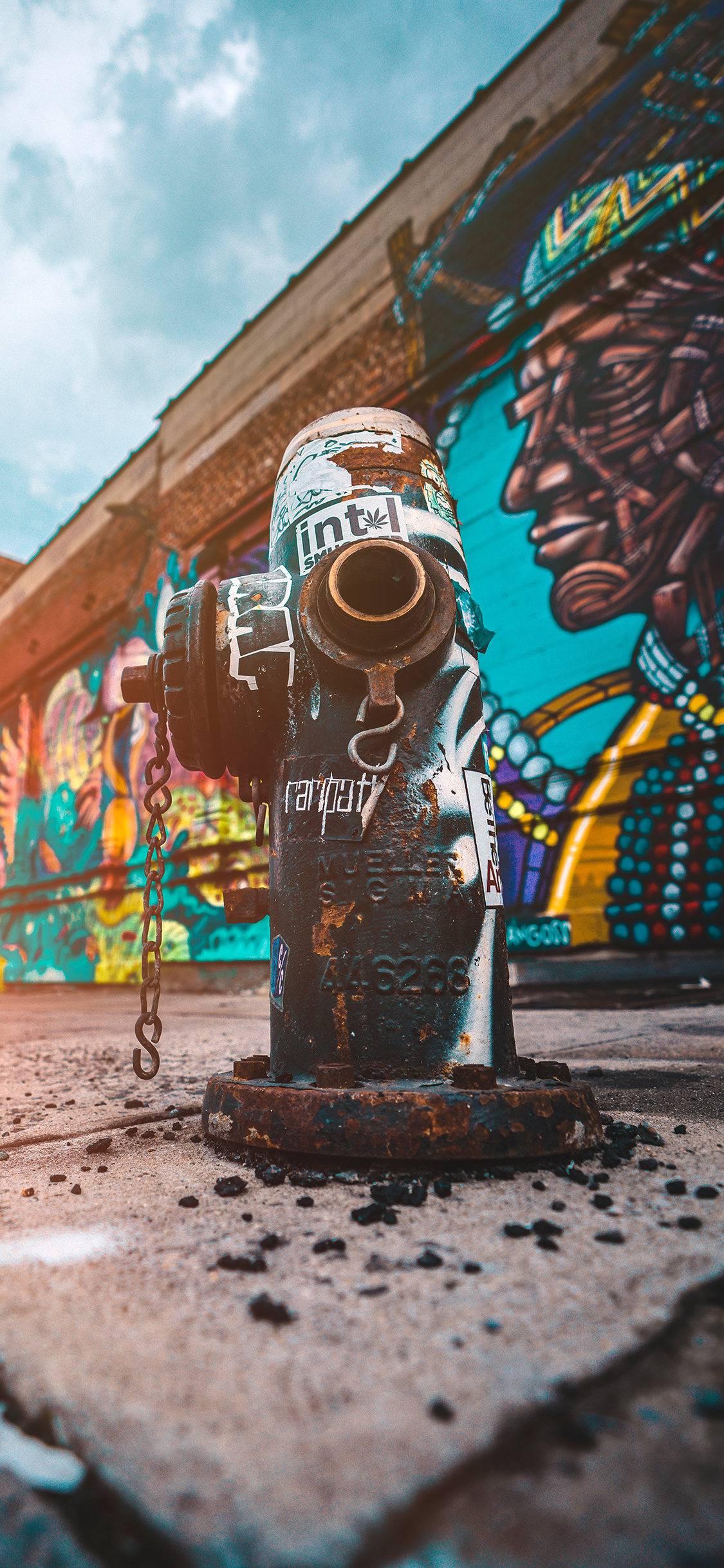 [2436×1125]街景 消防栓 涂鸦 色彩 街头艺术 苹果手机壁纸图片
