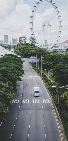 [2436x1125]街道 游乐场 摩天轮 道路 绿化 苹果手机壁纸图片