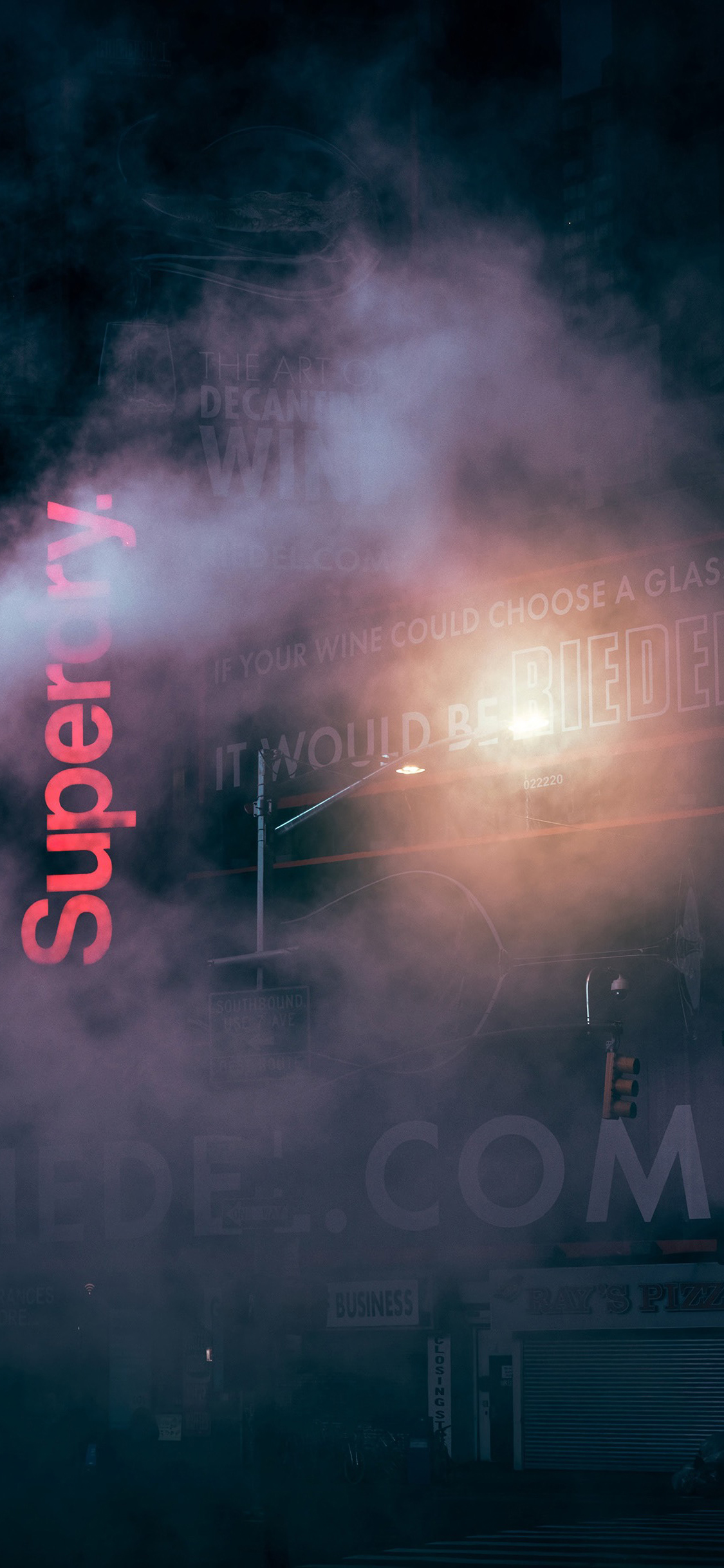 [2436×1125]街道 烟雾 灯光 夜晚 店铺 苹果手机壁纸图片