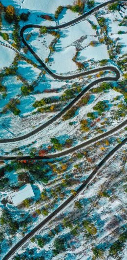 [2436x1125]车道 蜿蜒 雪地 树木 苹果手机壁纸图片