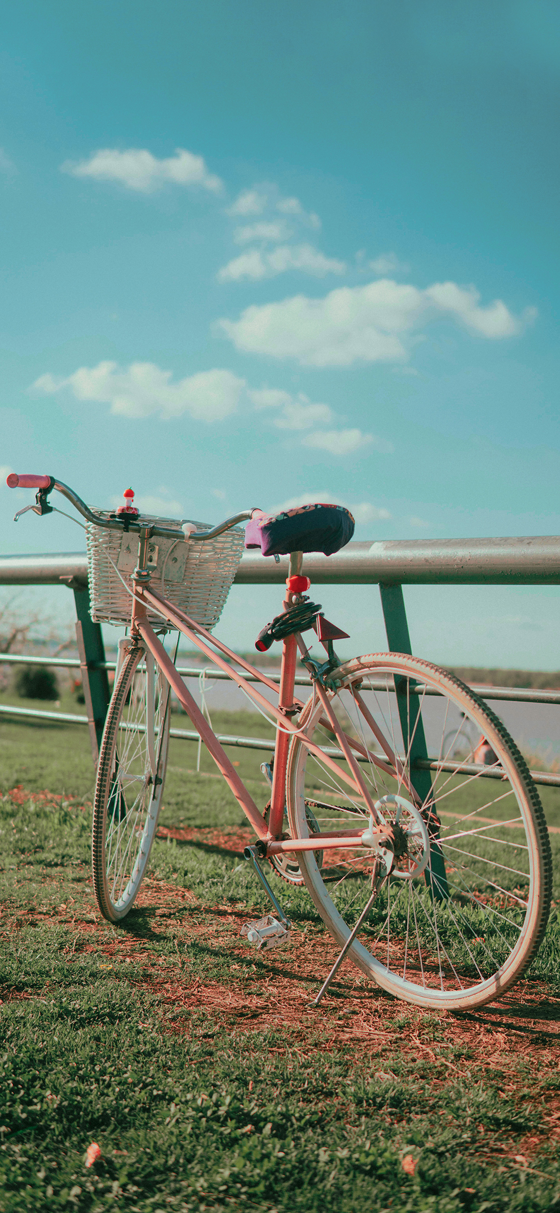 [2436×1125]郊区 蓝天白云 草地 自行车 苹果手机壁纸图片