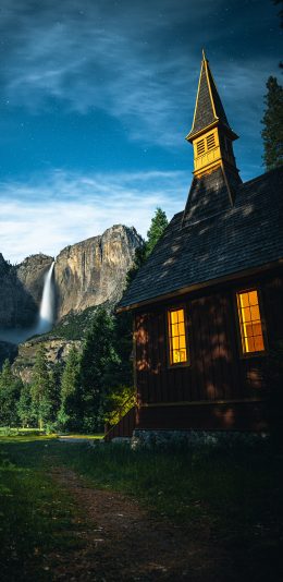 [2436x1125]郊外 建筑 木屋 星空 夜景 苹果手机壁纸图片