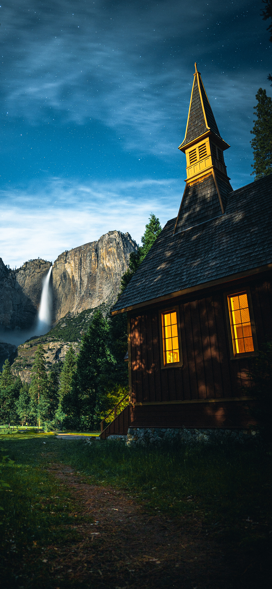 [2436×1125]郊外 建筑 木屋 星空 夜景 苹果手机壁纸图片