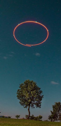 [2436x1125]郊外 星空 树木 草坪 特效 光圈 夜景 苹果手机壁纸图片
