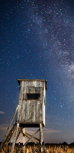 [2436x1125]郊外 星空夜景 小木屋 唯美 苹果手机壁纸图片