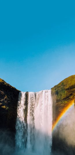 [2436x1125]郊外 自然 山峰 瀑布 彩虹 苹果手机壁纸图片