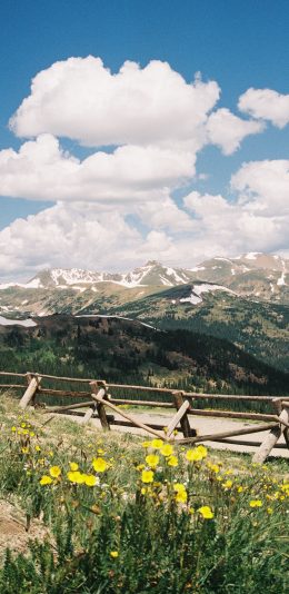 [2436x1125]郊外 蓝天白云 山峰 野花 美景 苹果手机壁纸图片
