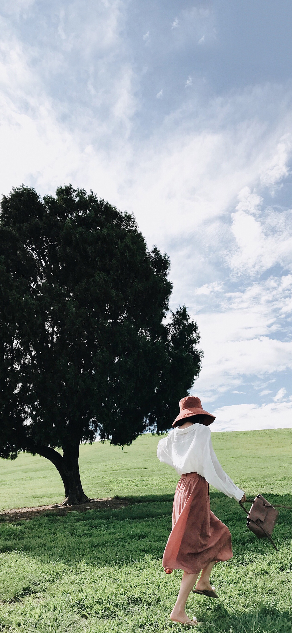[2436×1125]郊外 蓝天白云 树木草地 女孩背影 苹果手机壁纸图片