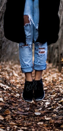 [2436x1125]野外 森林 牛仔裤 运动鞋 落叶 苹果手机壁纸图片