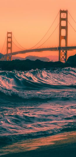 [2436x1125]金门大桥 大海 海浪 沙滩 苹果手机壁纸图片