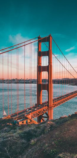 [2436x1125]金门大桥 海 城市 船 苹果手机壁纸图片