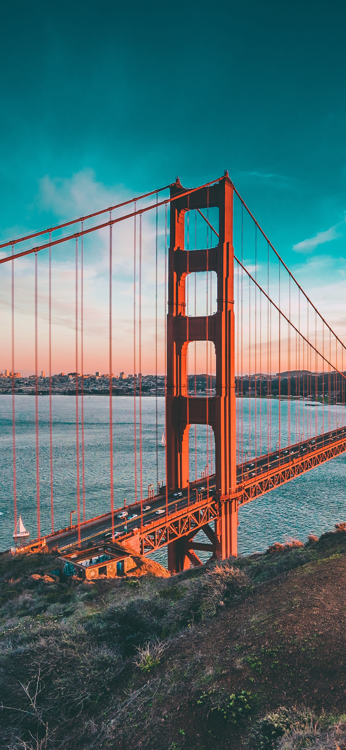 [2436×1125]金门大桥 海 城市 船 苹果手机壁纸图片