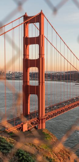 [2436x1125]金门大桥 海 城市 铁丝网 车辆 苹果手机壁纸图片