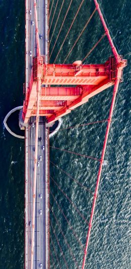 [2436x1125]金门大桥 钢索 车辆 行驶 海水 苹果手机壁纸图片