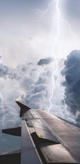 [2436x1125]闪电 飞机 机翼 天空 苹果手机壁纸图片
