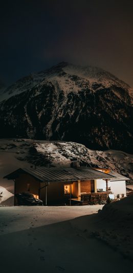 [2436x1125]雪地 冬季 木屋 雪景 夜景 苹果手机壁纸图片