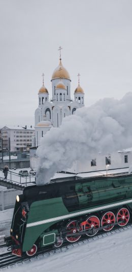 [2436x1125]雪地 建筑 堡垒 火车 烟雾 苹果手机壁纸图片