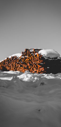[2436x1125]雪地 木柴 柴火 白雪 苹果手机壁纸图片