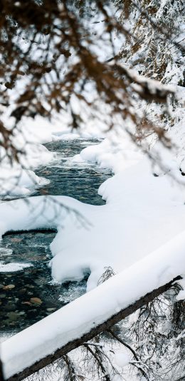 [2436x1125]雪地 河流 树木 自然美景 苹果手机壁纸图片