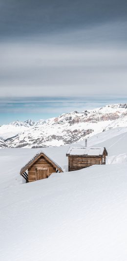 [2436x1125]雪地 白雪皑皑 木屋 唯美 苹果手机壁纸图片