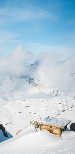 [2436x1125]雪地 白雪覆盖 小木屋 苹果手机壁纸图片