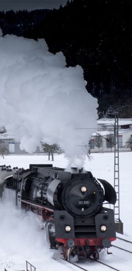 [2436x1125]雪地里火车 烟雾 雪景 黑色 苹果手机壁纸图片