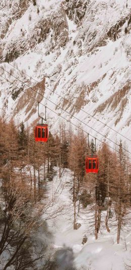 [2436x1125]雪山 山峰 林木 缆车 苹果手机壁纸图片
