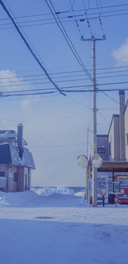 [2436x1125]雪景 冬季 雪地 房屋 天线 苹果手机壁纸图片