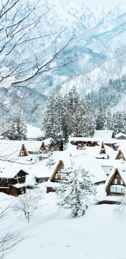 [2436x1125]雪景 雪屋 雪季 大雪封山 苹果手机壁纸图片