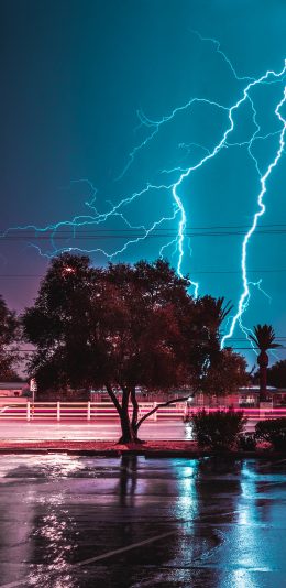 [2436x1125]雷电 夜晚 城市 气象 苹果手机壁纸图片