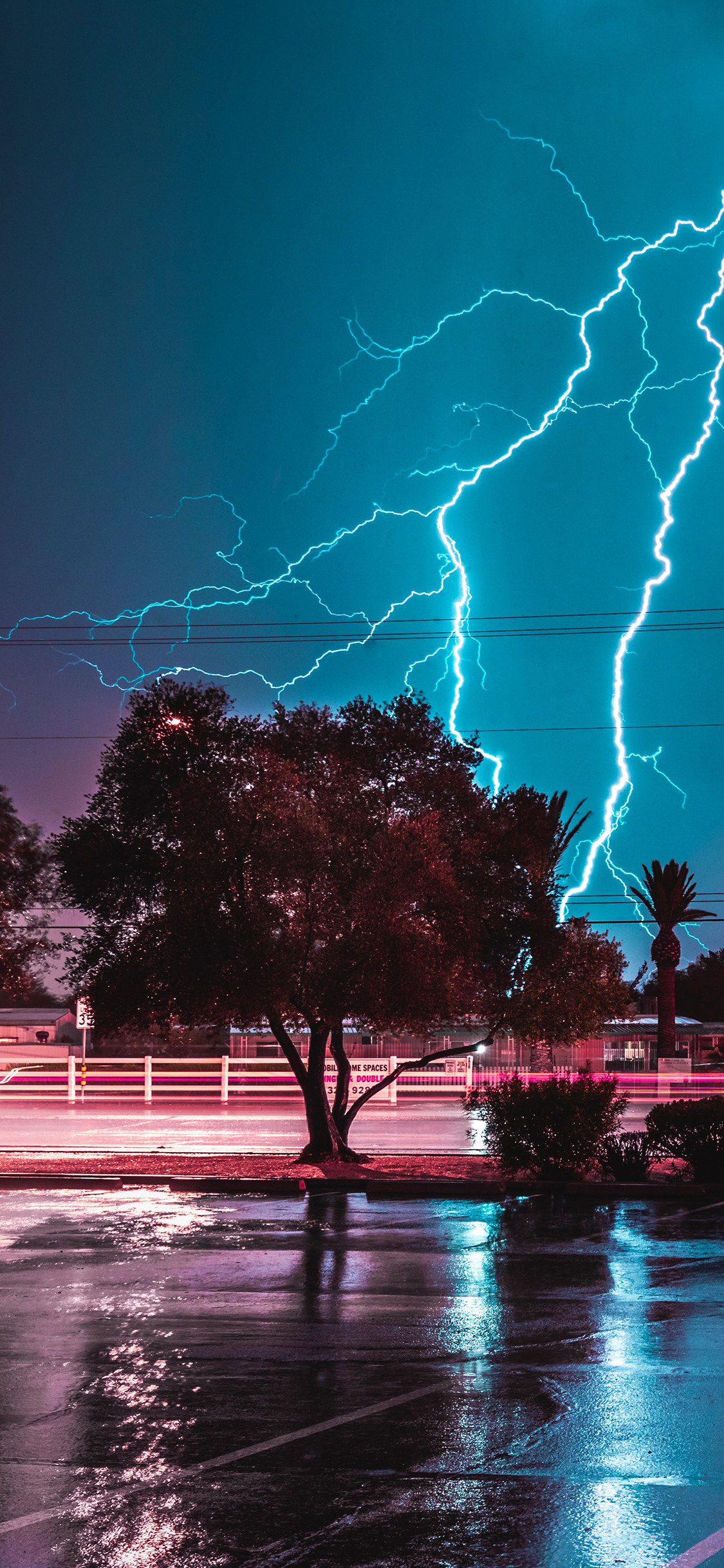 [2436×1125]雷电 夜晚 城市 气象 苹果手机壁纸图片