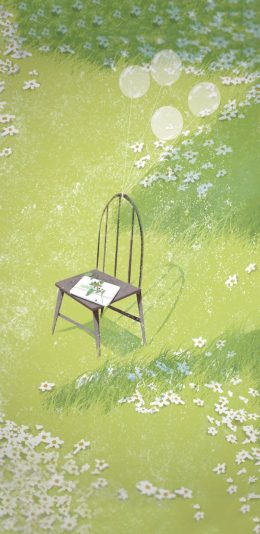 [2436x1125]风景 插图 草地 椅子 气球 绿色 苹果手机壁纸图片