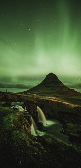 [2436x1125]风景 极光 幽绿 山水 瀑布 苹果手机壁纸图片