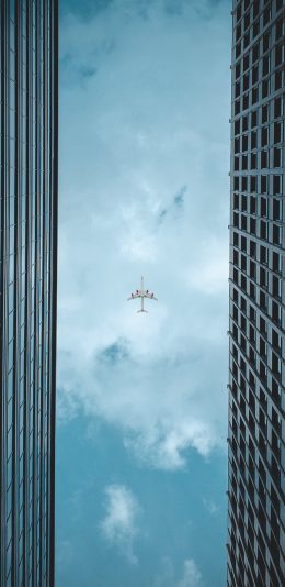 [2436x1125]飞机 建筑 蓝色 天空 飞行 航空 苹果手机壁纸图片