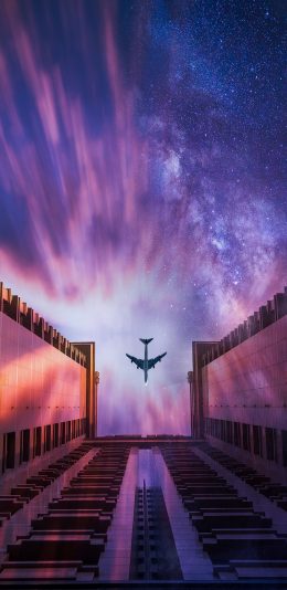 [2436x1125]飞机 星空 建筑 色彩 苹果手机壁纸图片