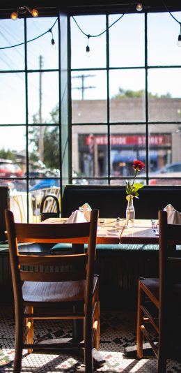 [2436x1125]餐厅 桌椅 花瓶 插花 苹果手机壁纸图片