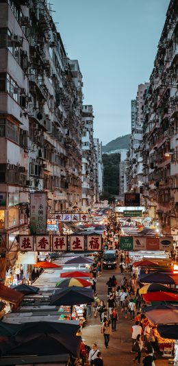[2436x1125]香港 城市 夜市 街道 楼房 建筑 苹果手机壁纸图片