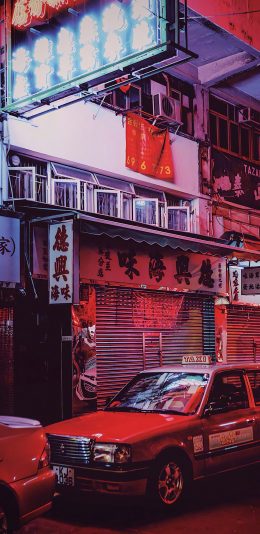 [2436x1125]香港 招牌 的士 商铺 店铺 街道 苹果手机壁纸图片