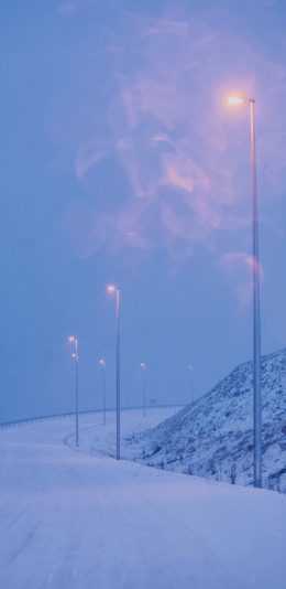 [2436x1125]马路 冬季 路灯 雪地 苹果手机壁纸图片