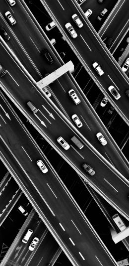[2436x1125]马路 车辆 行驶 黑白 公路 道路 苹果手机壁纸图片