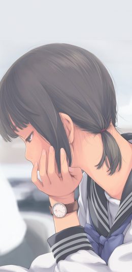 单手托头看书的动漫学生妹手机壁纸